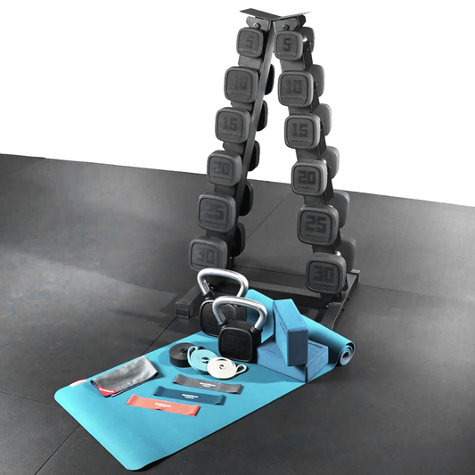 IFIT 5-30 URETHANE DUMBBELL SET WITH ACCESSORIES AND RACK