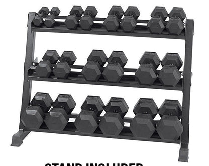 5-50lb Virgin Rubber Hex Dumbbell Set with Stand