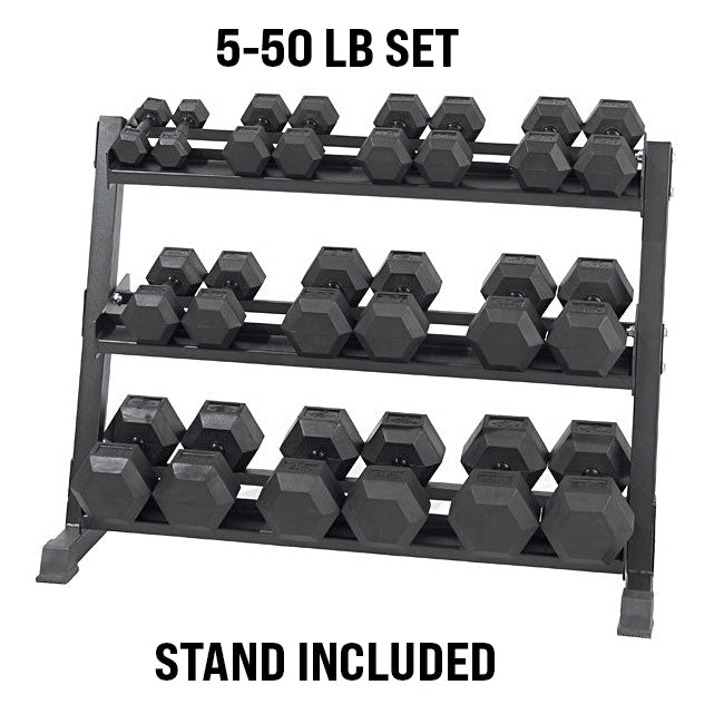 5-50lb Virgin Rubber Hex Dumbbell Set with Stand